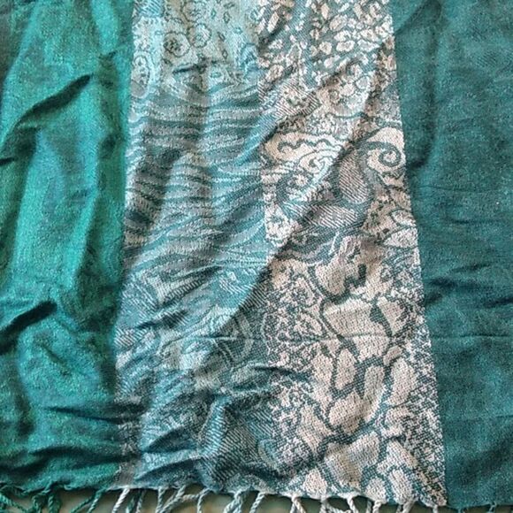 Teal Patchwork Women's Scarf with Fringe - Picture 2 of 6